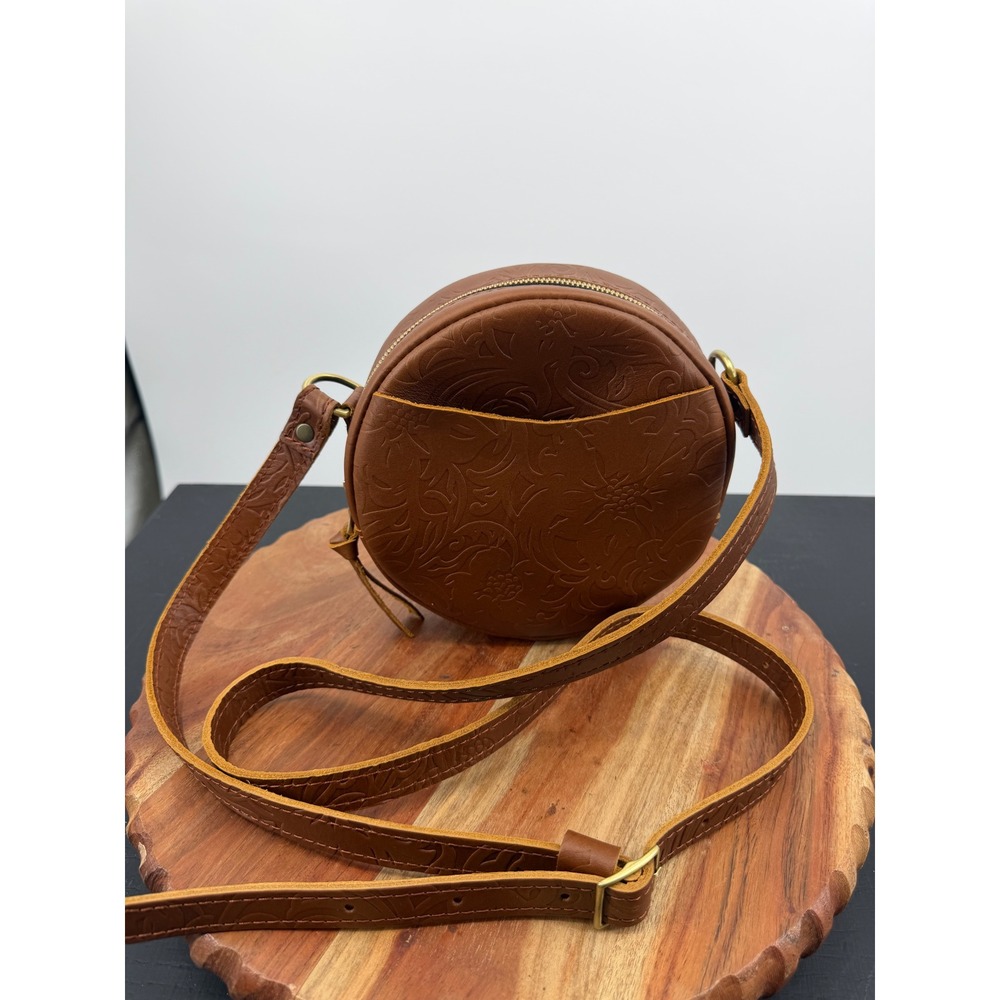 Portland Leather Goods Circle Crossbody‎ Bag Women Small Brown Floral Embossed